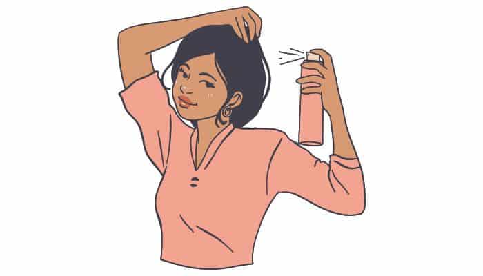 illustration of woman spraying hairspray on hair